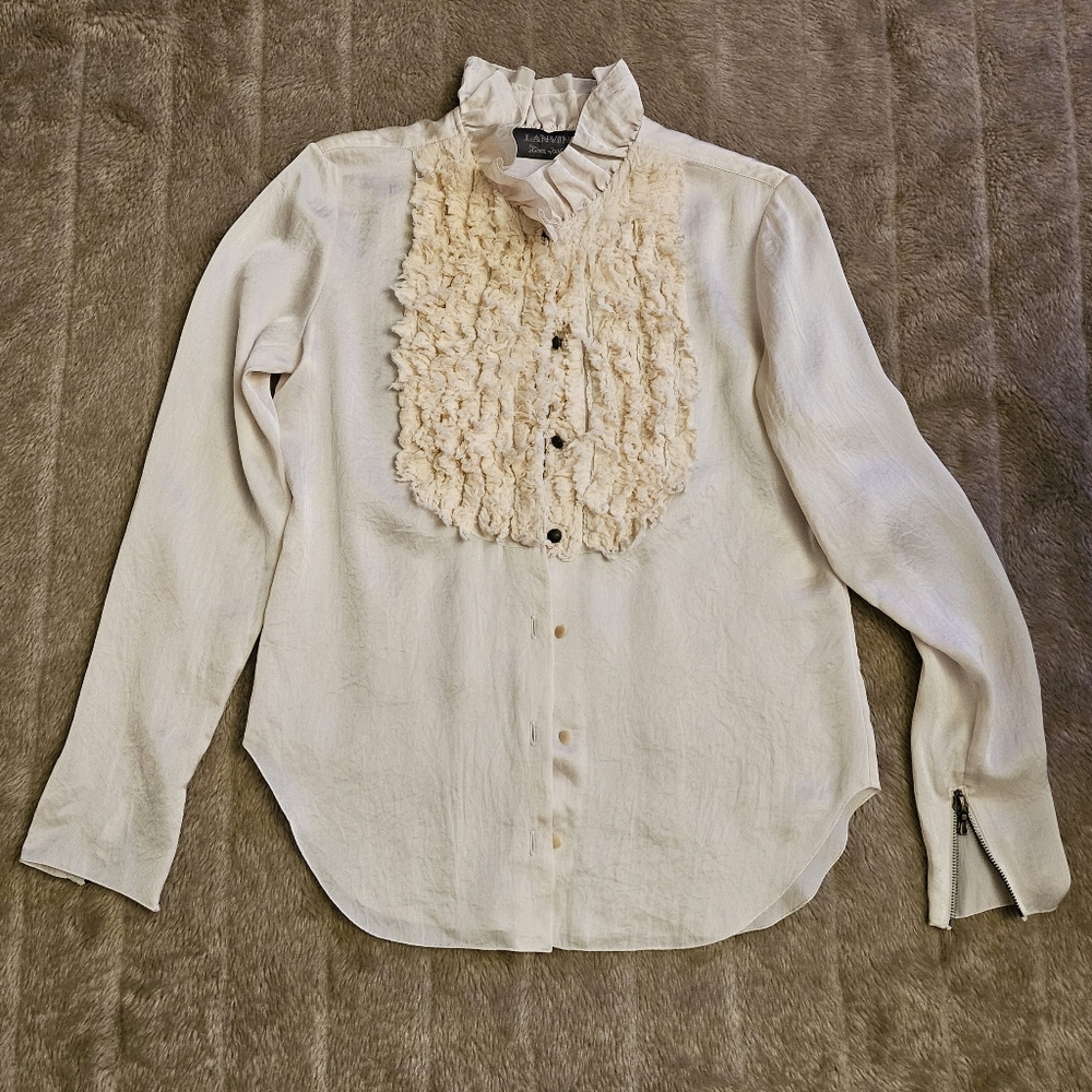 Lanvin ruffled textured silk bib blouse with medallion buttons and ruffle collar